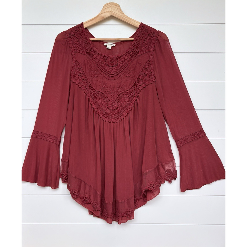 Ultra Pink Boho Crochet Lace Mesh Bell Sleeve Top Burgundy Red Romantic Fairy S